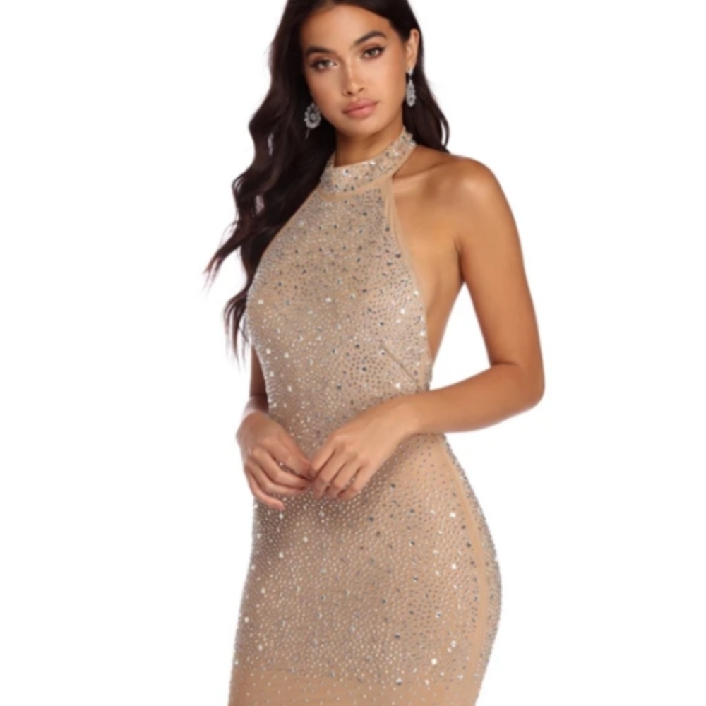 Nude halter mini party dress